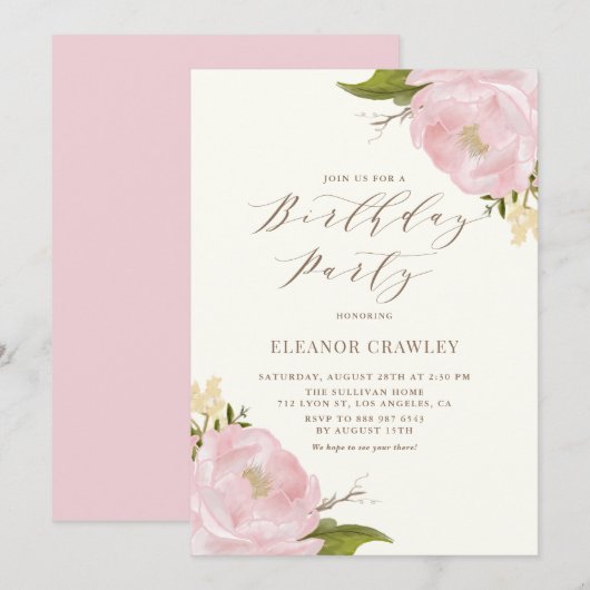  Waterverf Pink Peonies Birthday Party Kaart (Voorkant / Achterkant)