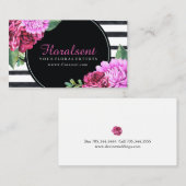 Waterverf PInk Peonies Black en White Stripes Visitekaartje (Voorkant / Achterkant)