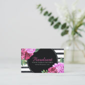 Waterverf PInk Peonies Black en White Stripes Visitekaartje (Staand voorkant)