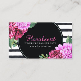 Waterverf PInk Peonies Black en White Stripes Visitekaartje