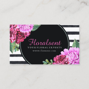 Waterverf PInk Peonies Black en White Stripes Visitekaartje