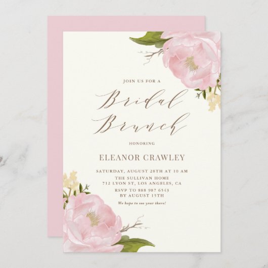  Waterverf Pink Peonies Bridal Brunch Kaart (Voorkant / Achterkant)