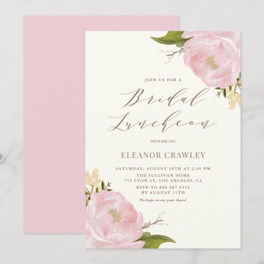 Waterverf Pink Peonies Bridal Luncheon Kaart (Voorkant / Achterkant)