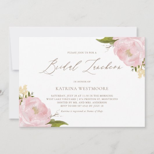 Waterverf Pink Peonies Bridal Luncheon Kaart (Voorkant)