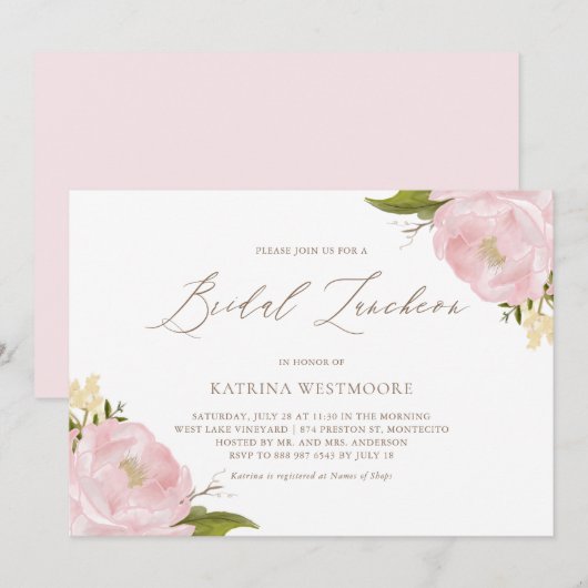Waterverf Pink Peonies Bridal Luncheon Kaart (Voorkant / Achterkant)