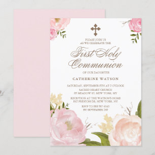 Waterverf Pink Peonies Eerste Heilige Communie Kaart