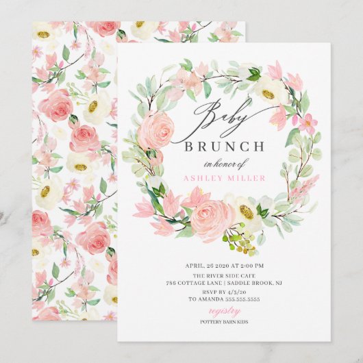 Waterverf Pink Peonies Floral Baby shower Brunch Kaart (Voorkant / Achterkant)