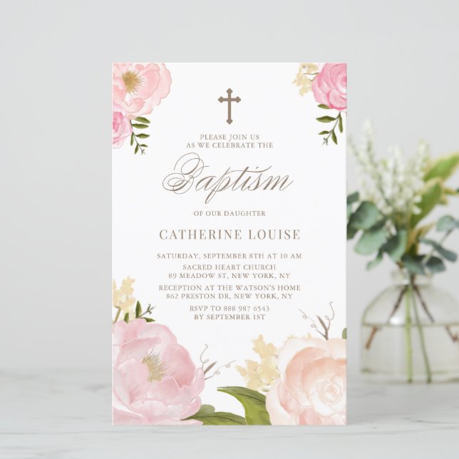Waterverf Pink Peonies Floral Baptism Uitnodiging (Staand voorkant)