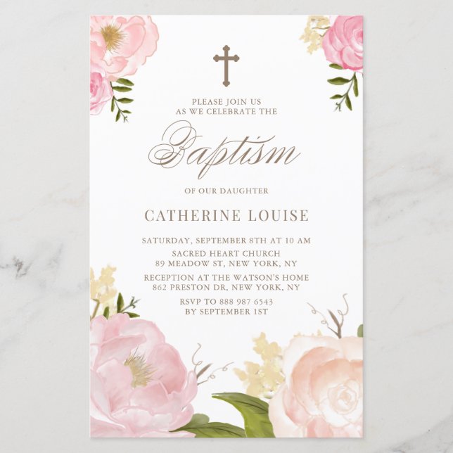 Waterverf Pink Peonies Floral Baptism Uitnodiging (Voorkant)