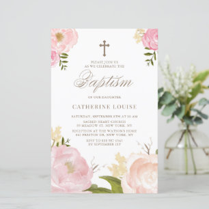 Waterverf Pink Peonies Floral Baptism Uitnodiging