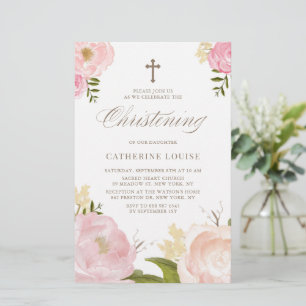Waterverf Pink Peonies Floral Christening Invite