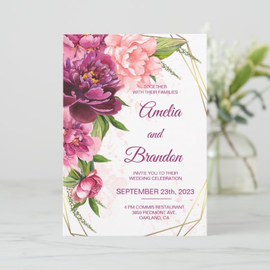 Waterverf Pink Peonies Rustic Wedding Kaart (Staand voorkant)