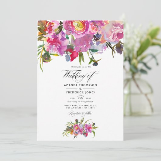  Waterverf Pink Peonies Weddenfoto Kaart (Staand voorkant)