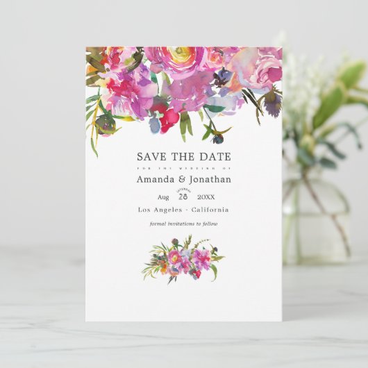  Waterverf Pink Peonies Weddenfoto Save The Date (Staand voorkant)