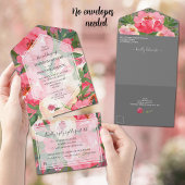 Waterverf Pink Peonies Wedding All In One Uitnodiging
