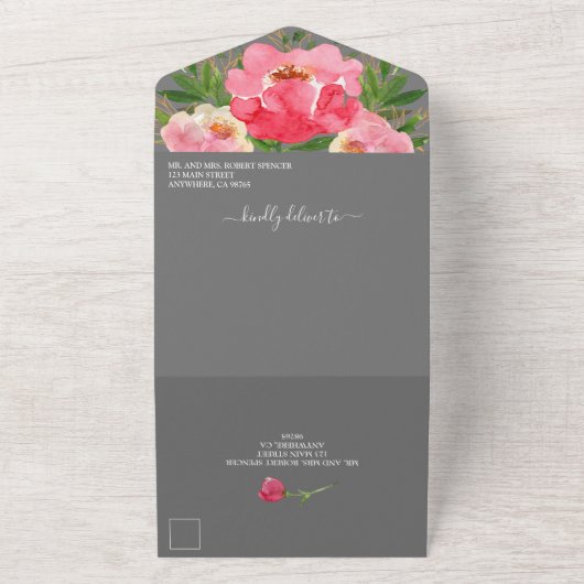 Waterverf Pink Peonies Wedding All In One Uitnodiging (Buitenkant)