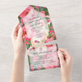 Waterverf Pink Peonies Wedding All In One Uitnodiging (Afscheurbaar)