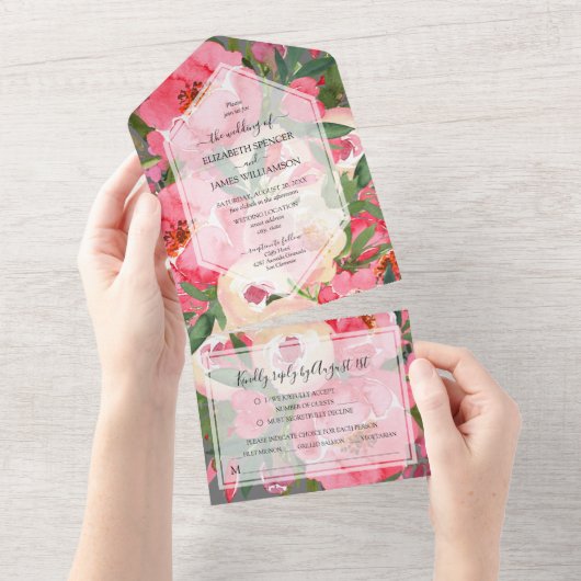 Waterverf Pink Peonies Wedding All In One Uitnodiging (Afscheurbaar)