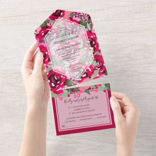 Waterverf Pink Peonies Wedding All In One Uitnodiging (Afscheurbaar)