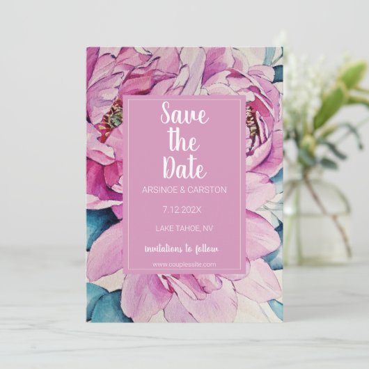 Waterverf Pink Peonies Wedding Save The Date (Staand voorkant)