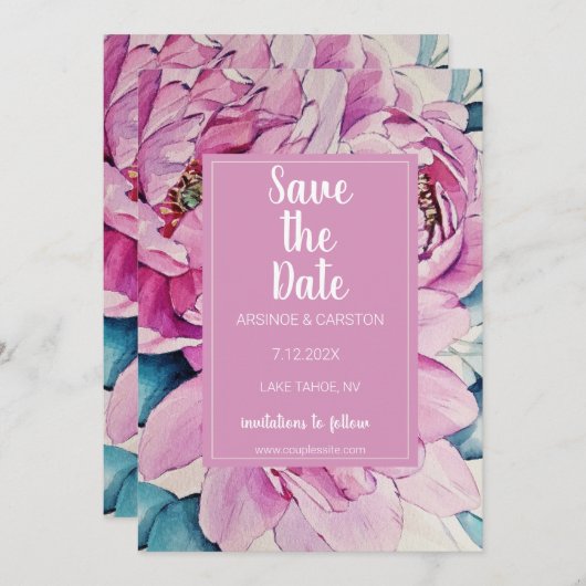 Waterverf Pink Peonies Wedding Save The Date (Voorkant / Achterkant)