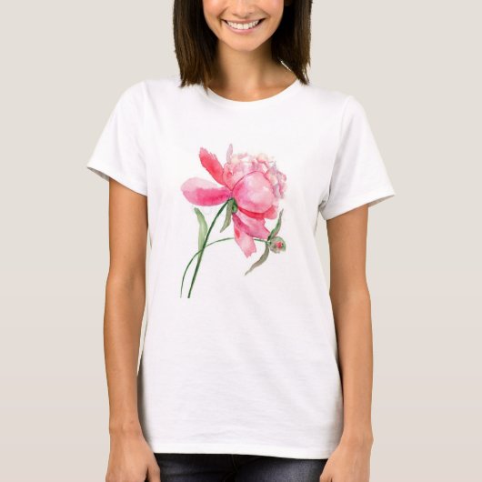 Waterverf Pink Peony Basic T-Shirt (Voorkant)