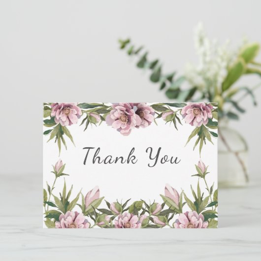 Waterverf Pink Peony bedankt voor de groene bruilo Kaart (Staand voorkant)