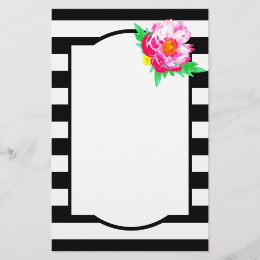 Waterverf Pink Peony Black & White Stationery Briefpapier (Voorkant)