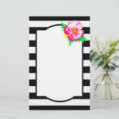 Waterverf Pink Peony Black & White Stationery Briefpapier (Staand voorkant)