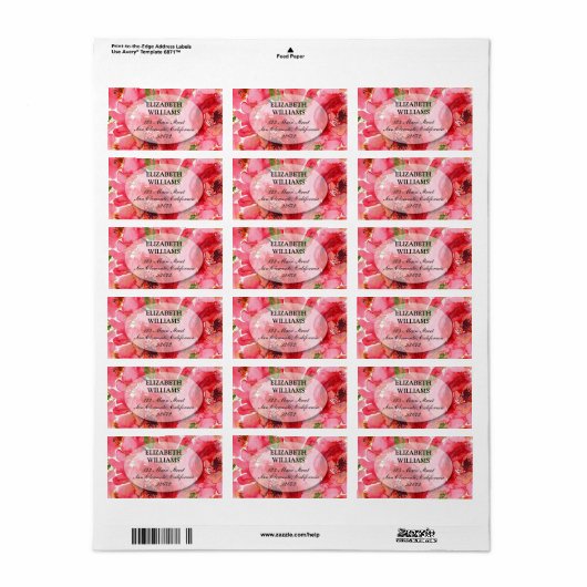 Waterverf Pink Peony Floral Adres Etiket (Full Sheet)