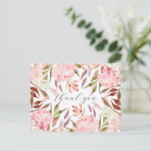 Waterverf Pink Peony Floral Hartelijk dank Briefkaart (Staand voorkant)
