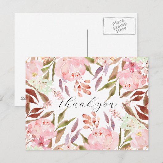 Waterverf Pink Peony Floral Hartelijk dank Briefkaart (Voorkant / Achterkant)