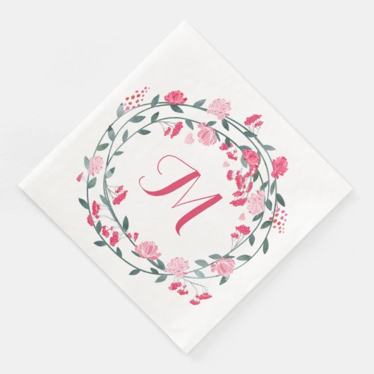 Waterverf Pink Peony Monogram Wreath Servetten (Hoek)