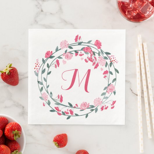 Waterverf Pink Peony Monogram Wreath Servetten (Insitu)
