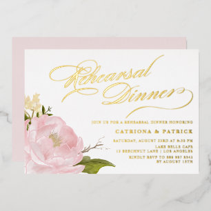 Waterverf Pink Peony Rehearsal Dinner Gold Folie Uitnodiging