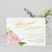 Waterverf Pink Peony Rehearsal Dinner Gold Folie Uitnodiging (Staand Voorkant)