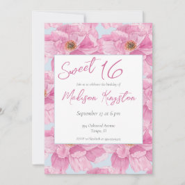 Waterverf Pink Peony Sweet 16 Party Kaart