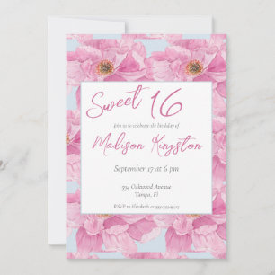 Waterverf Pink Peony Sweet 16 Party Kaart