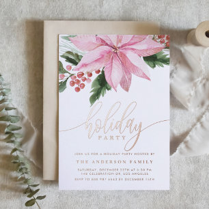 Waterverf Pink Poinsettia en Holly Holiday Party Folie Uitnodiging