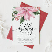 Waterverf Pink Poinsettia en Holly Holiday Party Kaart