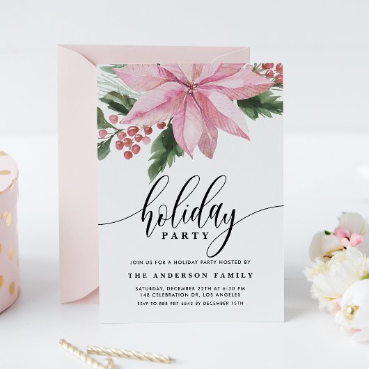 Waterverf Pink Poinsettia en Holly Holiday Party Kaart