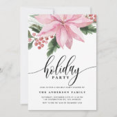 Waterverf Pink Poinsettia en Holly Holiday Party Kaart (Voorkant)