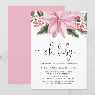 Waterverf Pink Poinsettia Winter Baby shower Kaart