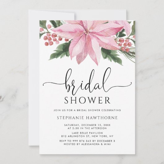 Waterverf Pink Poinsettia Winter Vrijgezellenfeest Kaart (Voorkant)