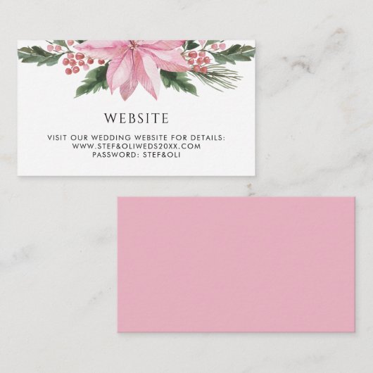 Waterverf Pink Poinsettia Winter Wedding Website Informatiekaartje (Voorkant / Achterkant)