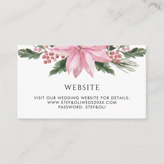 Waterverf Pink Poinsettia Winter Wedding Website Informatiekaartje (Voorkant)