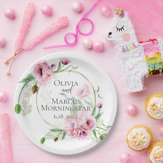 Waterverf Pink Poppies en Foliage Papieren Bordje (Feest)