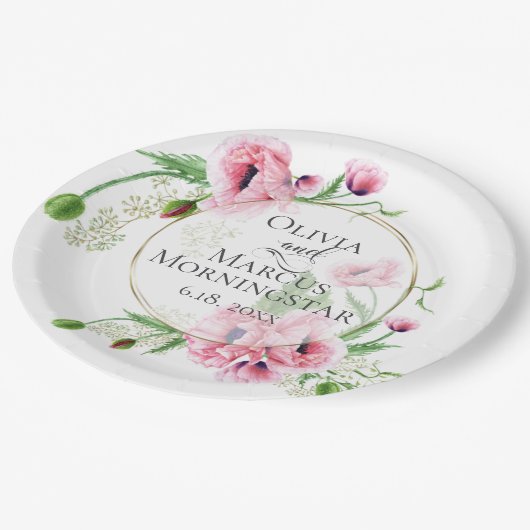 Waterverf Pink Poppies en Foliage Papieren Bordje (Gekanteld)