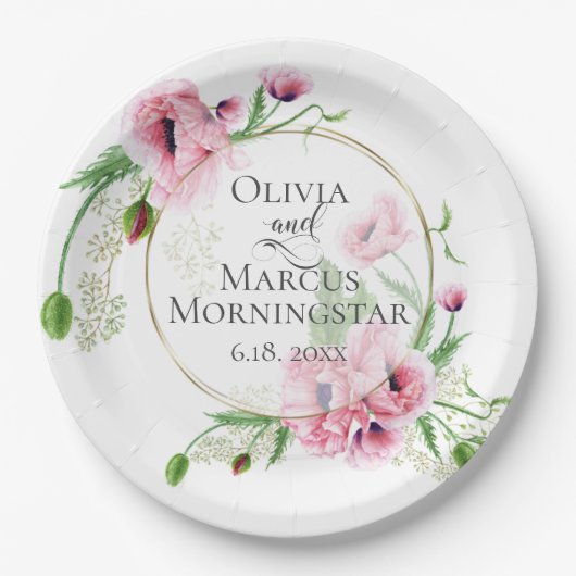 Waterverf Pink Poppies en Foliage Papieren Bordje (Voorkant)