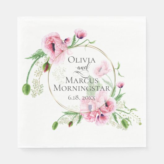 Waterverf Pink Poppies en Foliage Servet (Voorkant)